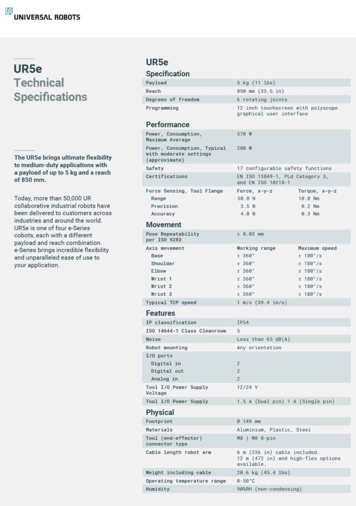 UR5e Technical Datasheet